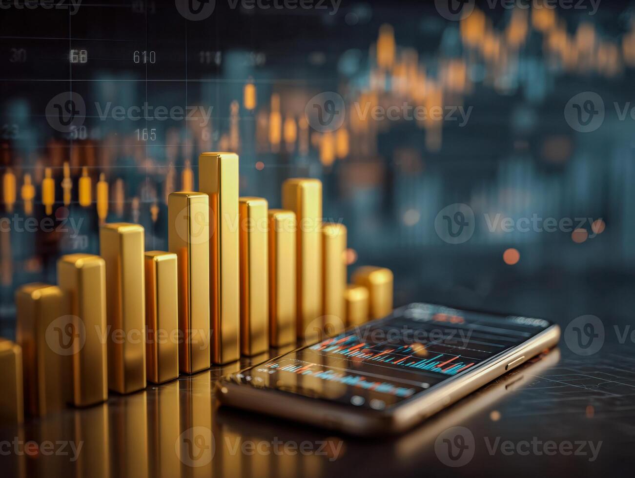 Data analytics and financial growth visualization with a mobile device and 3d bar chart photo