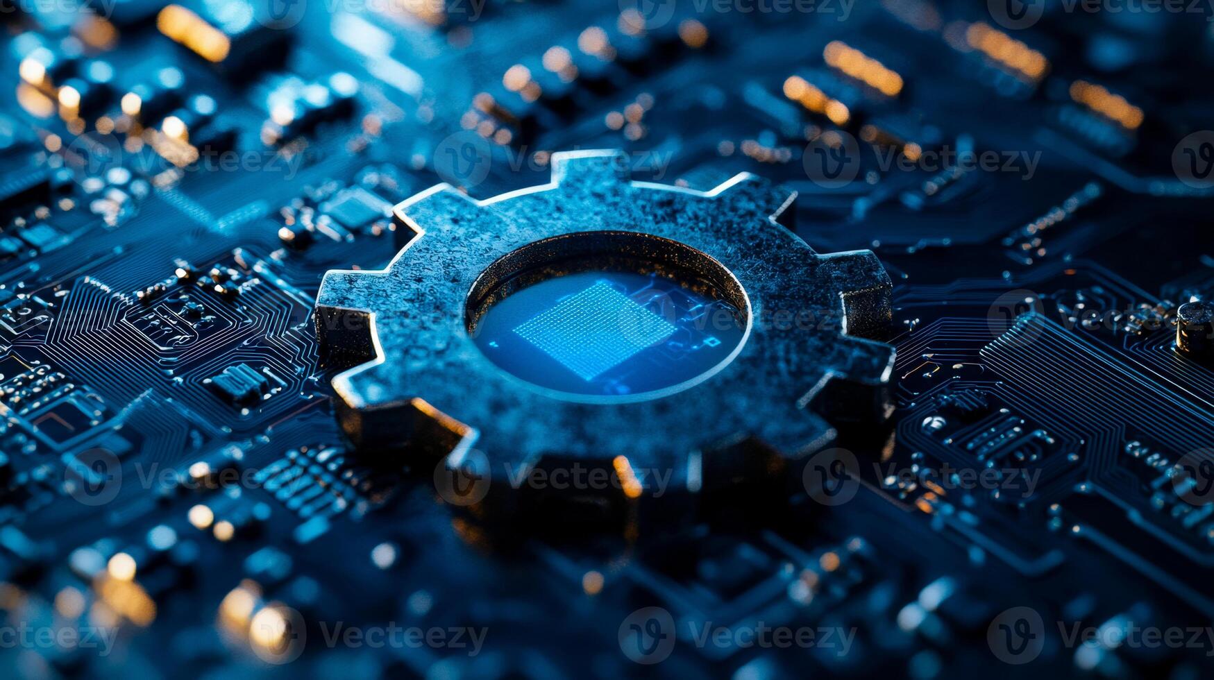 Close-up of a computer chip embedded in a circuit board with a gear-shaped processing unit, illustrating technology and innovation photo