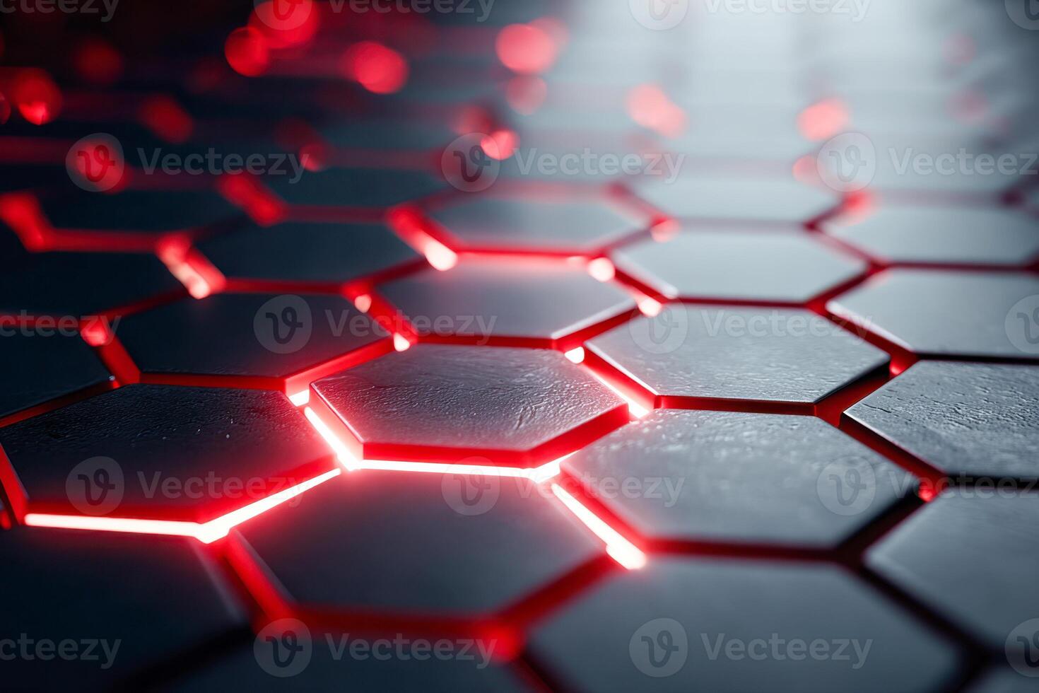 Close-up view of glossy black hexagonal tiles illuminated with vibrant red backlighting creating a futuristic geometric pattern and modern tech-inspired aesthetic photo