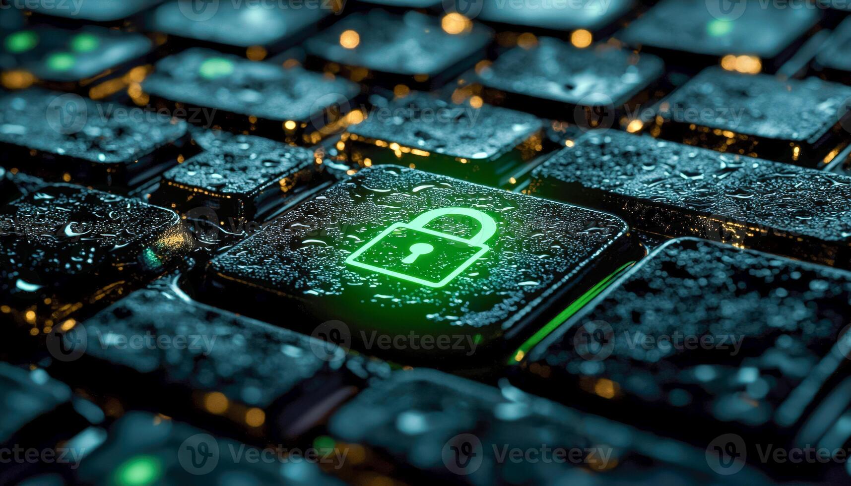 Close-up of a digital security padlock icon glowing on a wet computer keyboard with multiple keys covered in water droplets photo