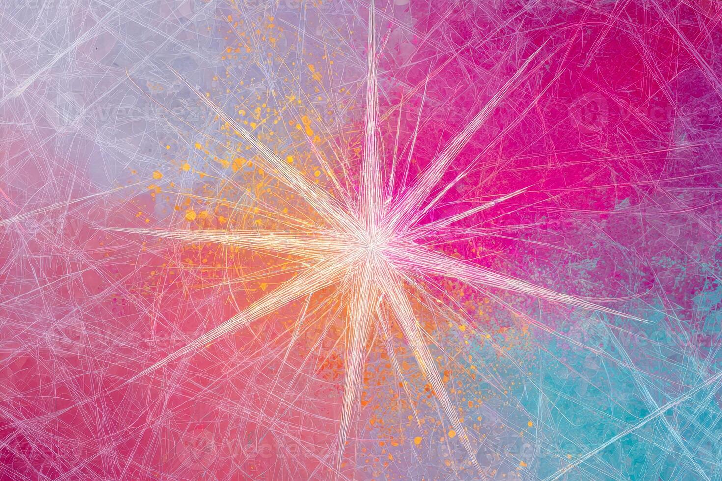 Vibrant abstract starburst with dynamic intersecting lines in bright pink, orange, and turquoise hues creating an energetic and colorful modern background design photo