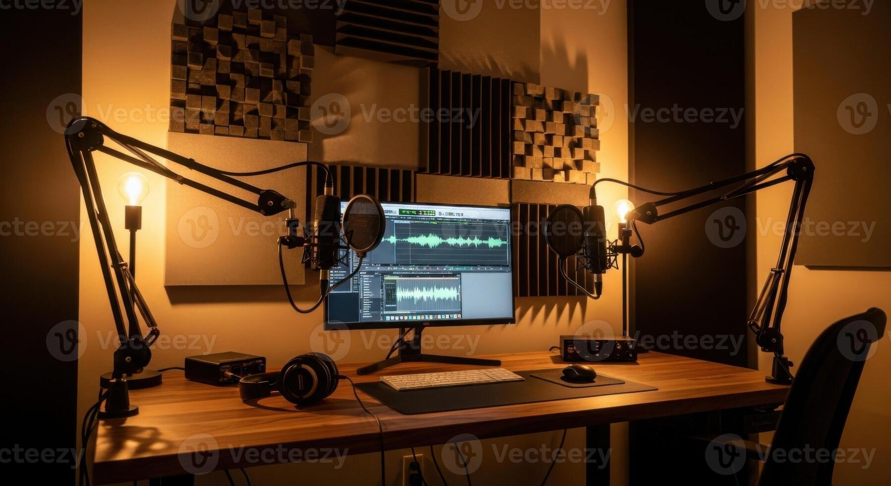 A recording studio with a computer and microphone photo