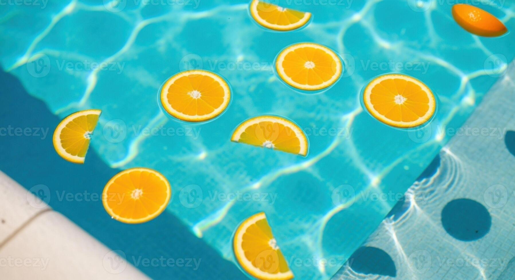 A pool with orange slices floating in it photo