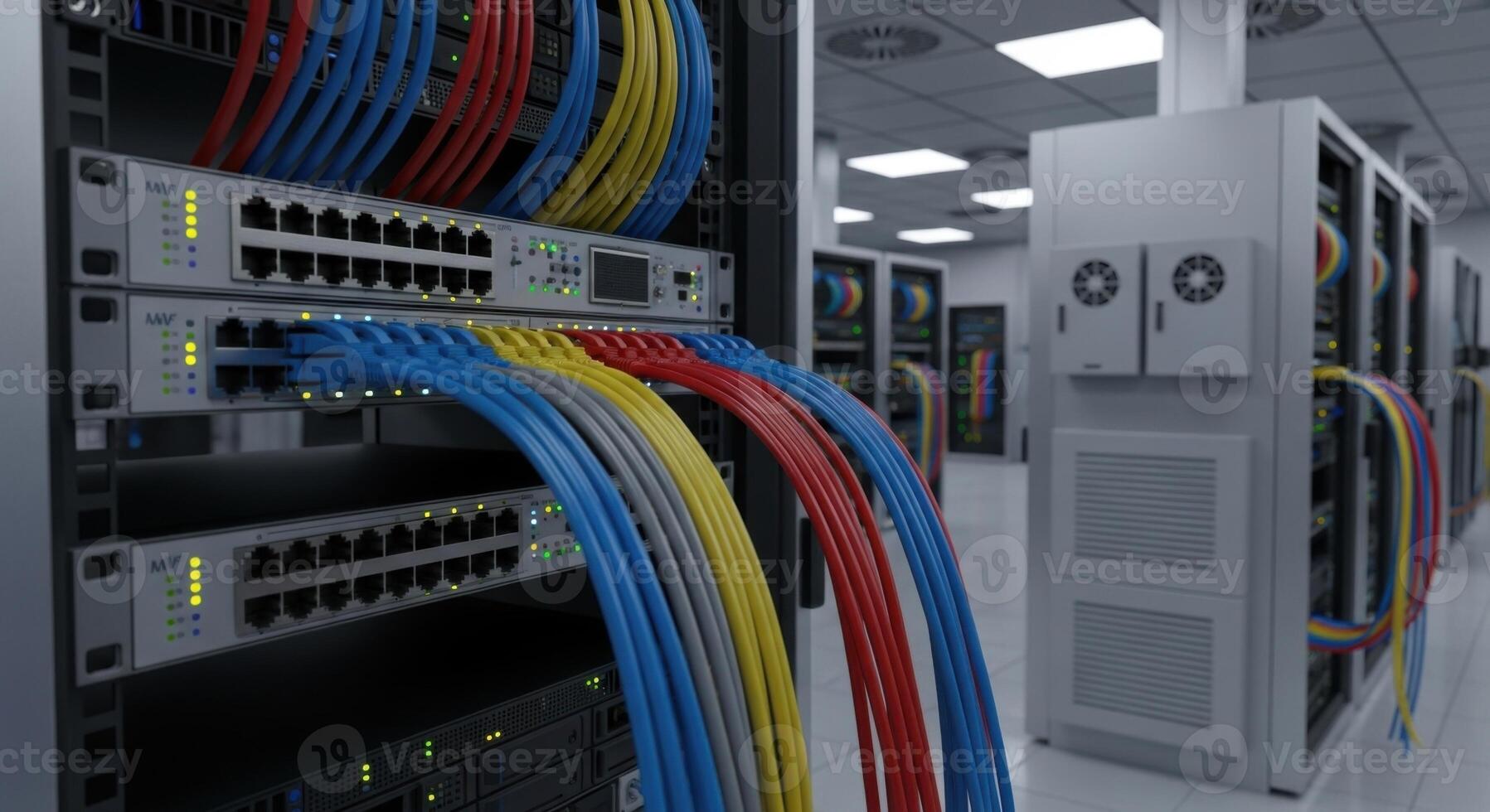 A server rack with multiple cables and wires photo