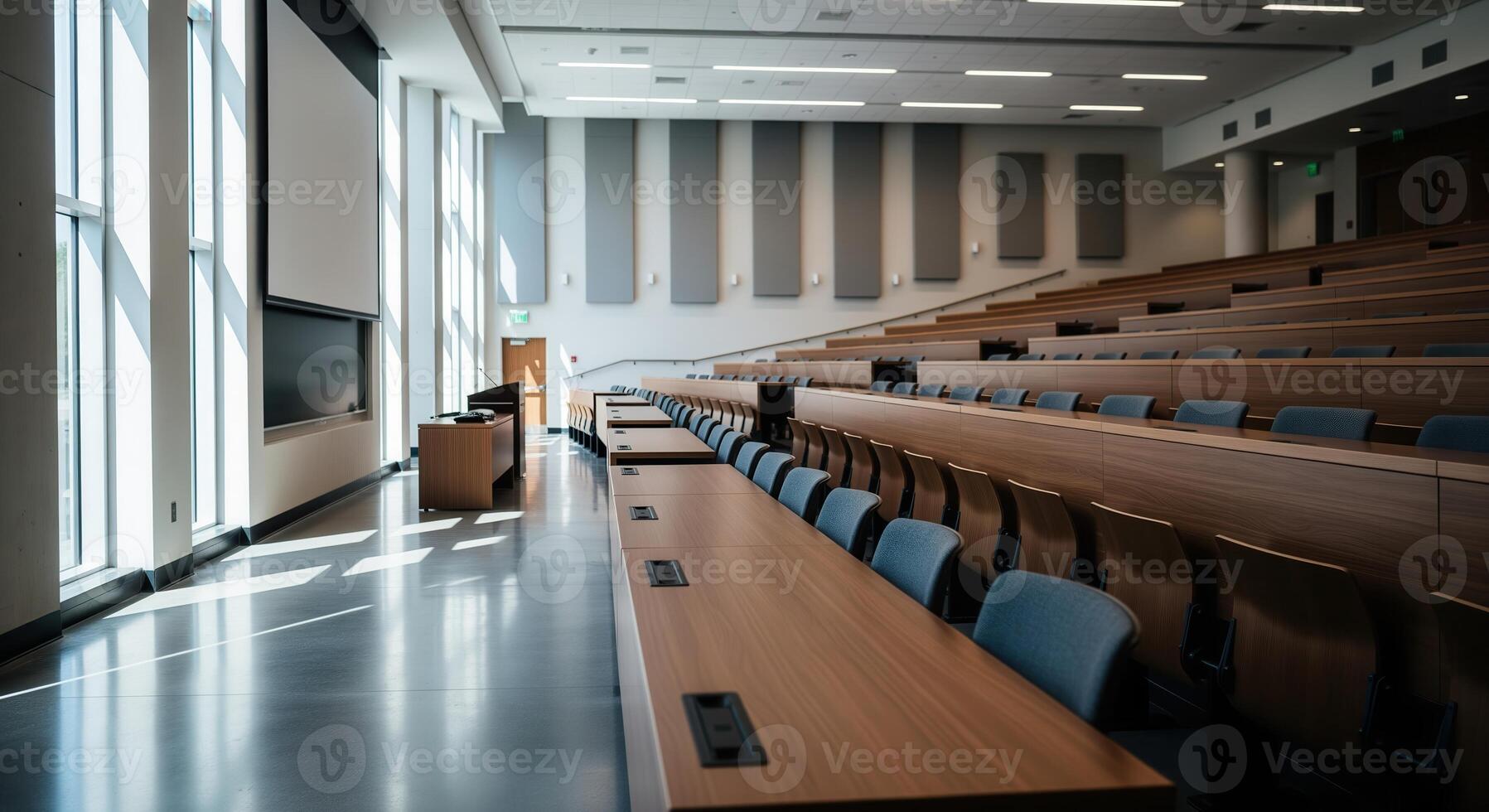 Empty modern university lecture hall classroom with tiered seating and bright sunlight photo