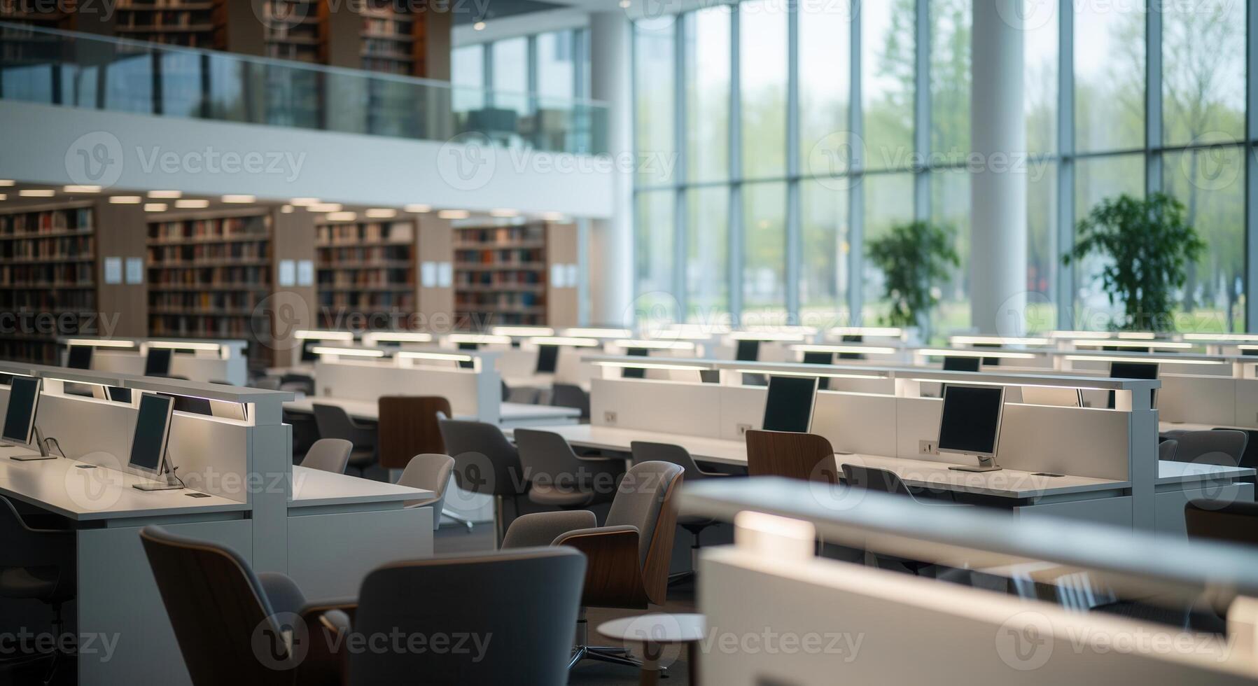 Modern library interior with rows of empty study carrels, bookshelves, and large windows photo