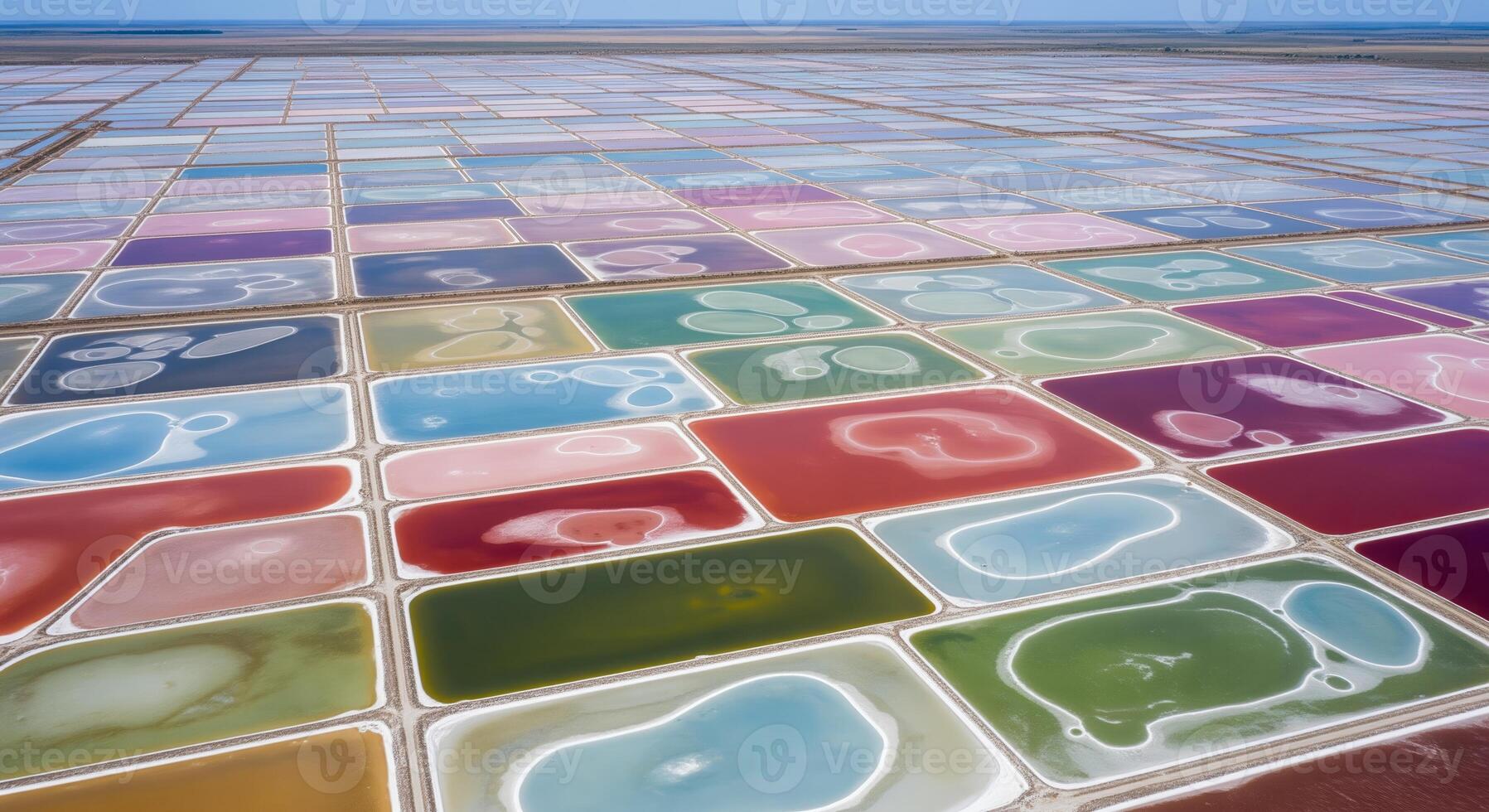 Aerial view of colorful salt evaporation ponds creating abstract geometric patterns on a flat landscape photo