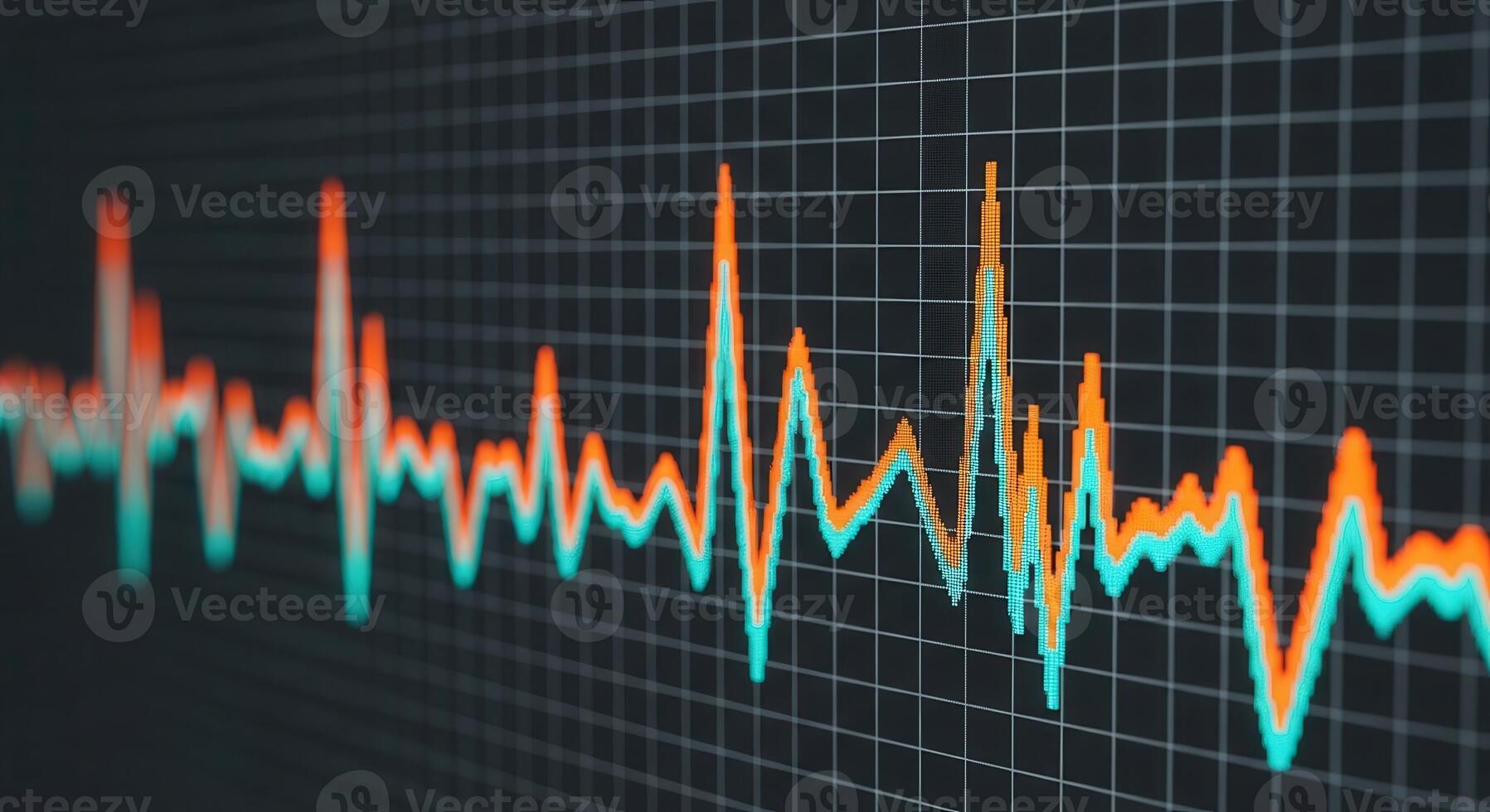 Vibrant orange and cyan jagged waveforms on digital display screen with grid photo