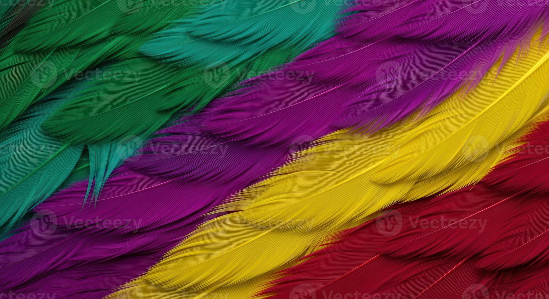 Detailed macro view of vibrant colorful feathers arranged in diagonal stripes texture photo