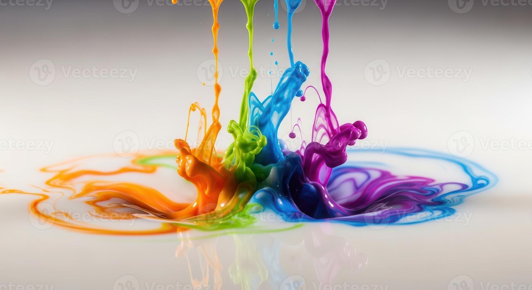 Vibrant colored ink splashing into a pool of swirling milk, creating abstract art photo