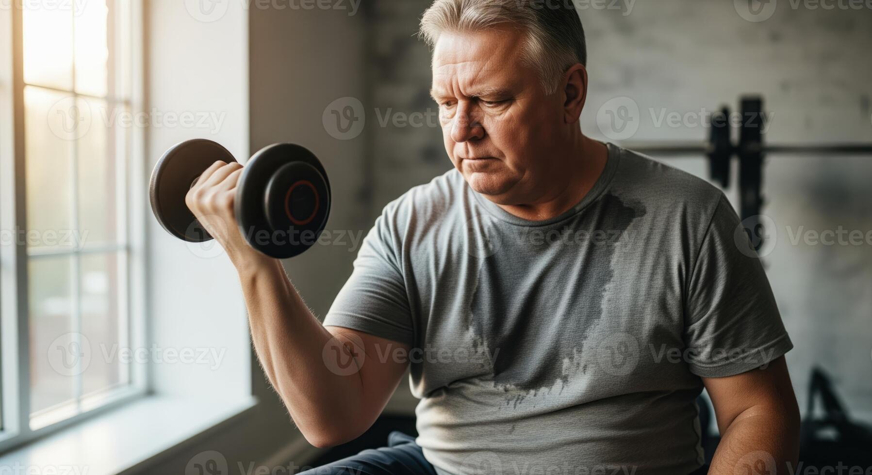 Determined overweight senior man performing bicep curl with dumbbell in a gym, showing effort and commitment to fitness photo
