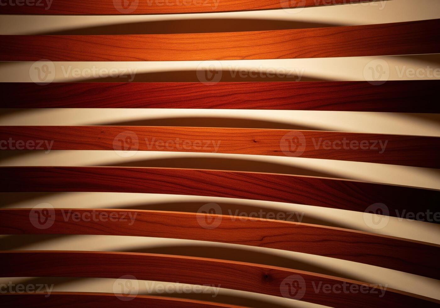 Abstract curved cherry wood slats with polished finish creating a decorative screen pattern photo