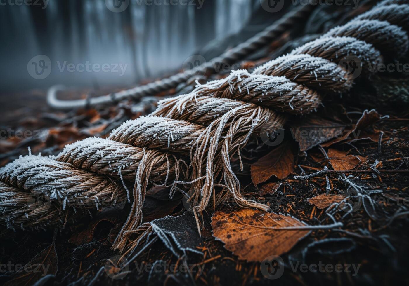 Macro view of a frosty, frayed rope resting on rust colored autumn leaves in a cold forest. photo