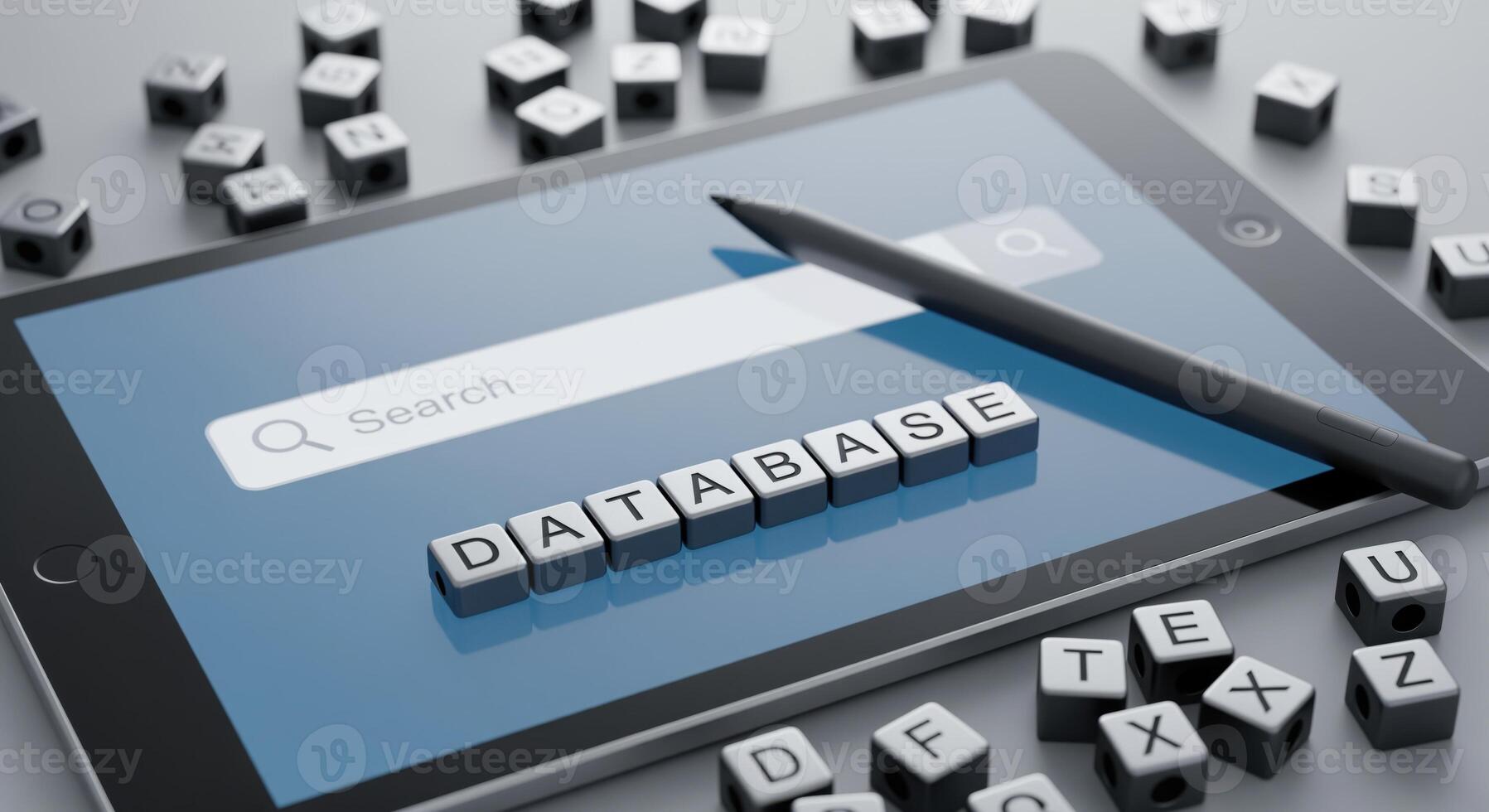 Digital tablet with search bar and DATABASE word cubes, representing data management and technology photo