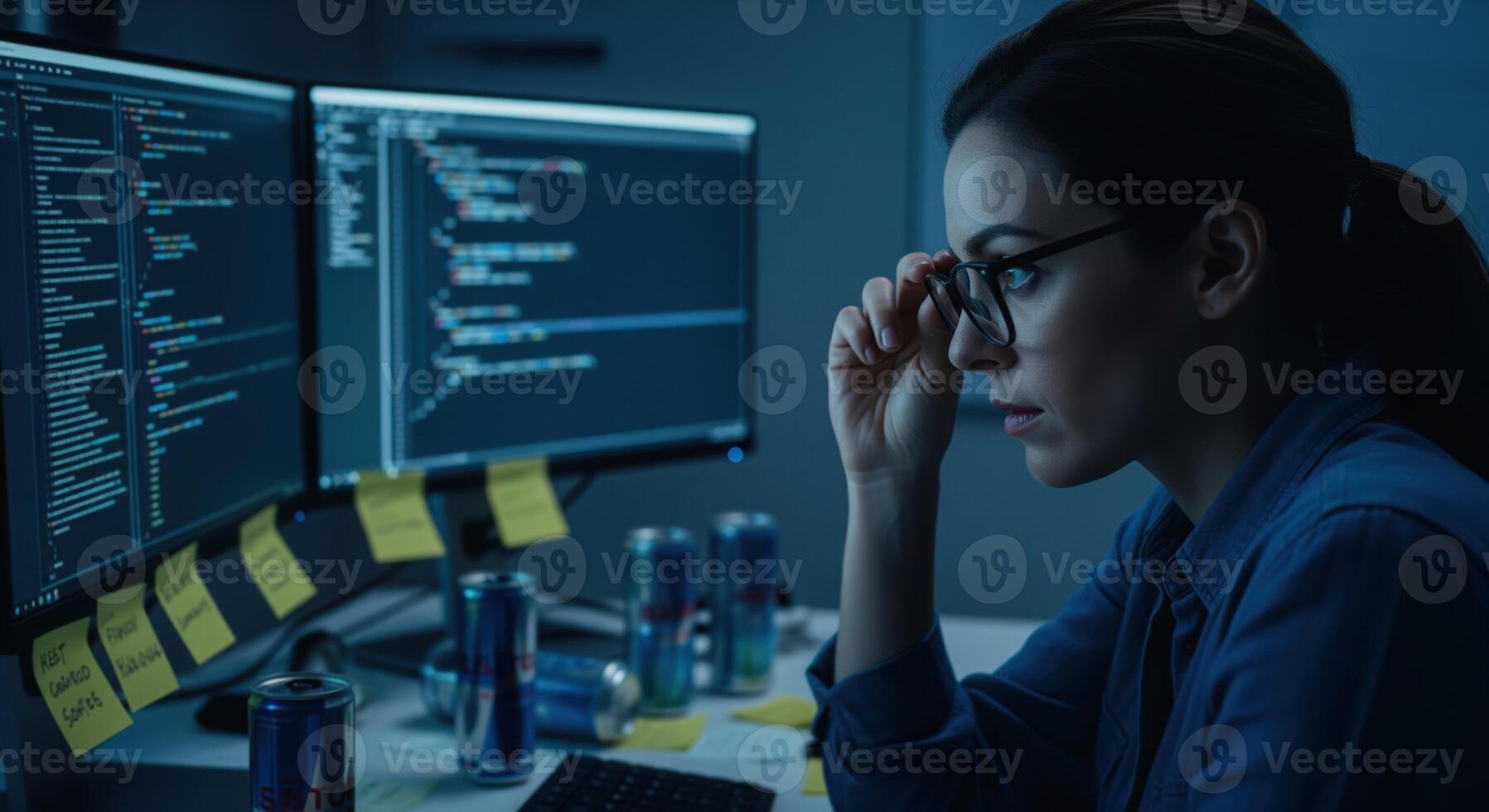 hembra software ingeniero intensamente enfocado en codificación en múltiple computadora pantallas a noche foto