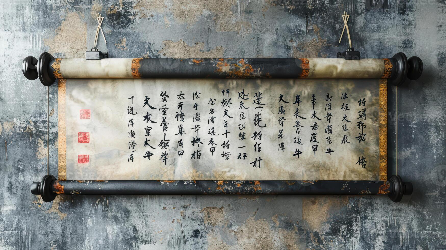 Ancient Chinese Scroll with Calligraphy on Textured Background photo