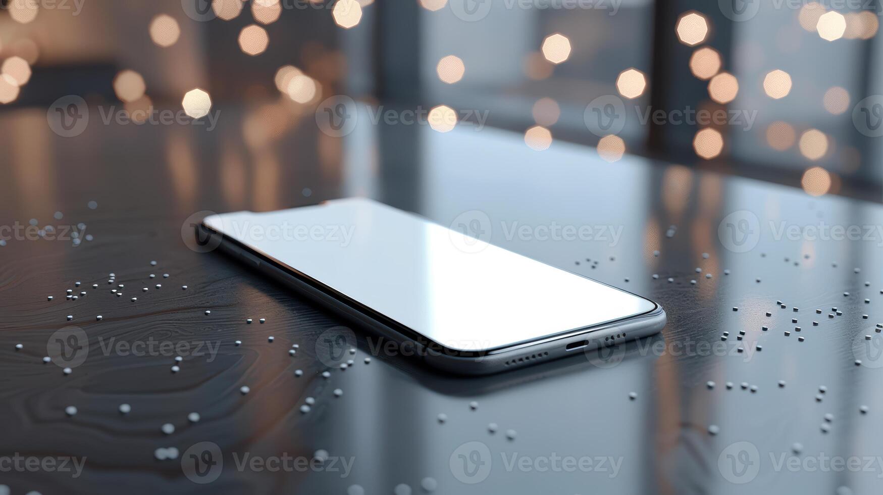 Sleek Smartphone on Table with Blurred Bokeh Background Effect photo