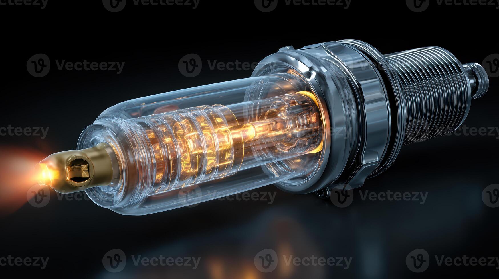 Detailed Close-up of a Spark Plug with Internal Components and Spark photo