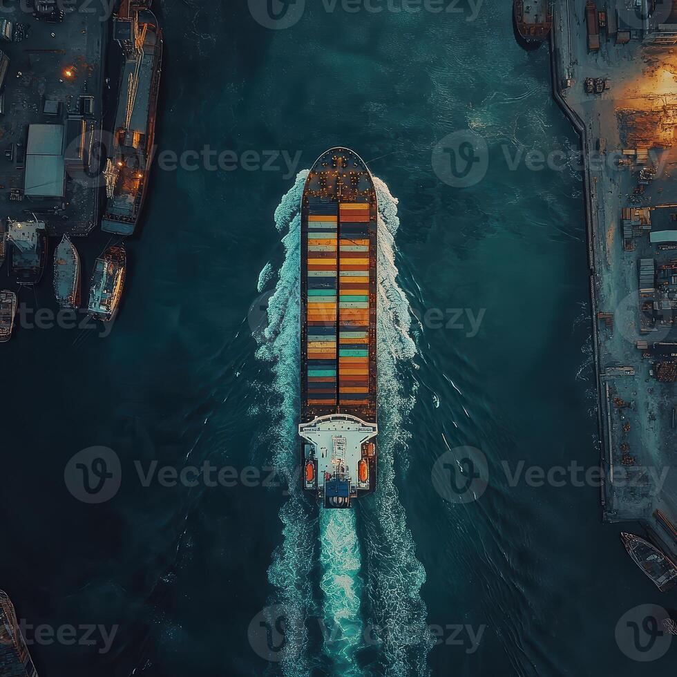 Aerial View of Container Ship Navigating Through Busy Port Waterways photo