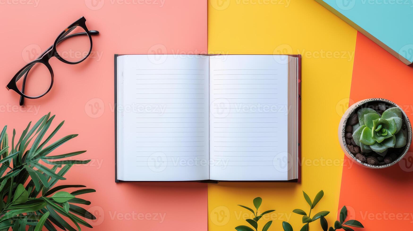 Flat Lay Composition with Open Notebook and Decorative Elements photo