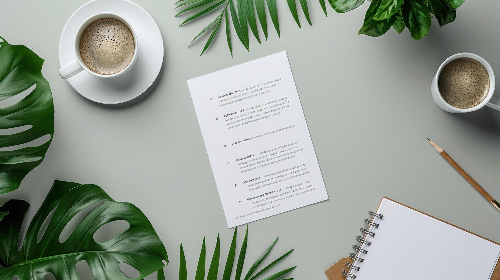 Minimalist Workspace with Coffee, Plants, and Notepad on Table photo