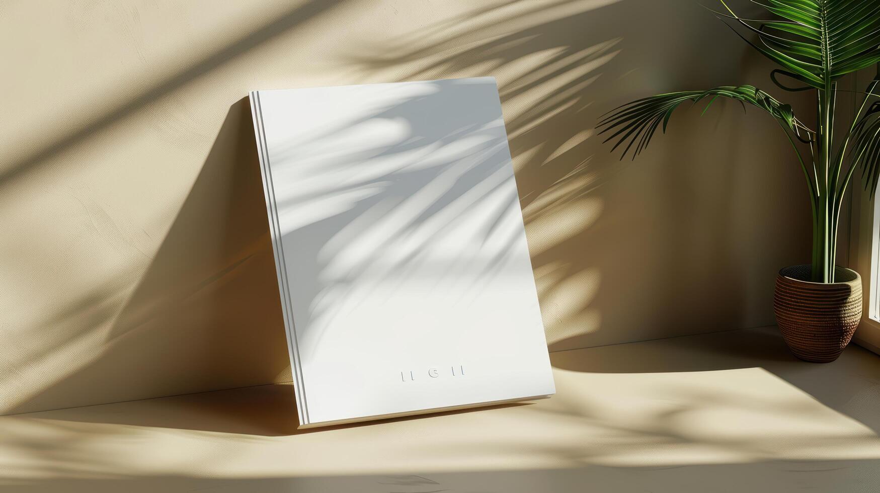 Minimalist White Notebook on Table with Shadow Patterns and Plant photo