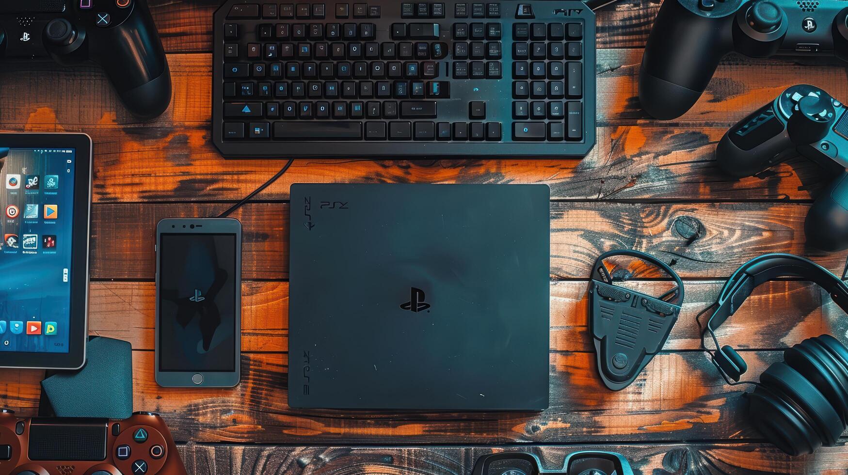 Gaming Setup with Console, Keyboard, Controllers, and Accessories photo