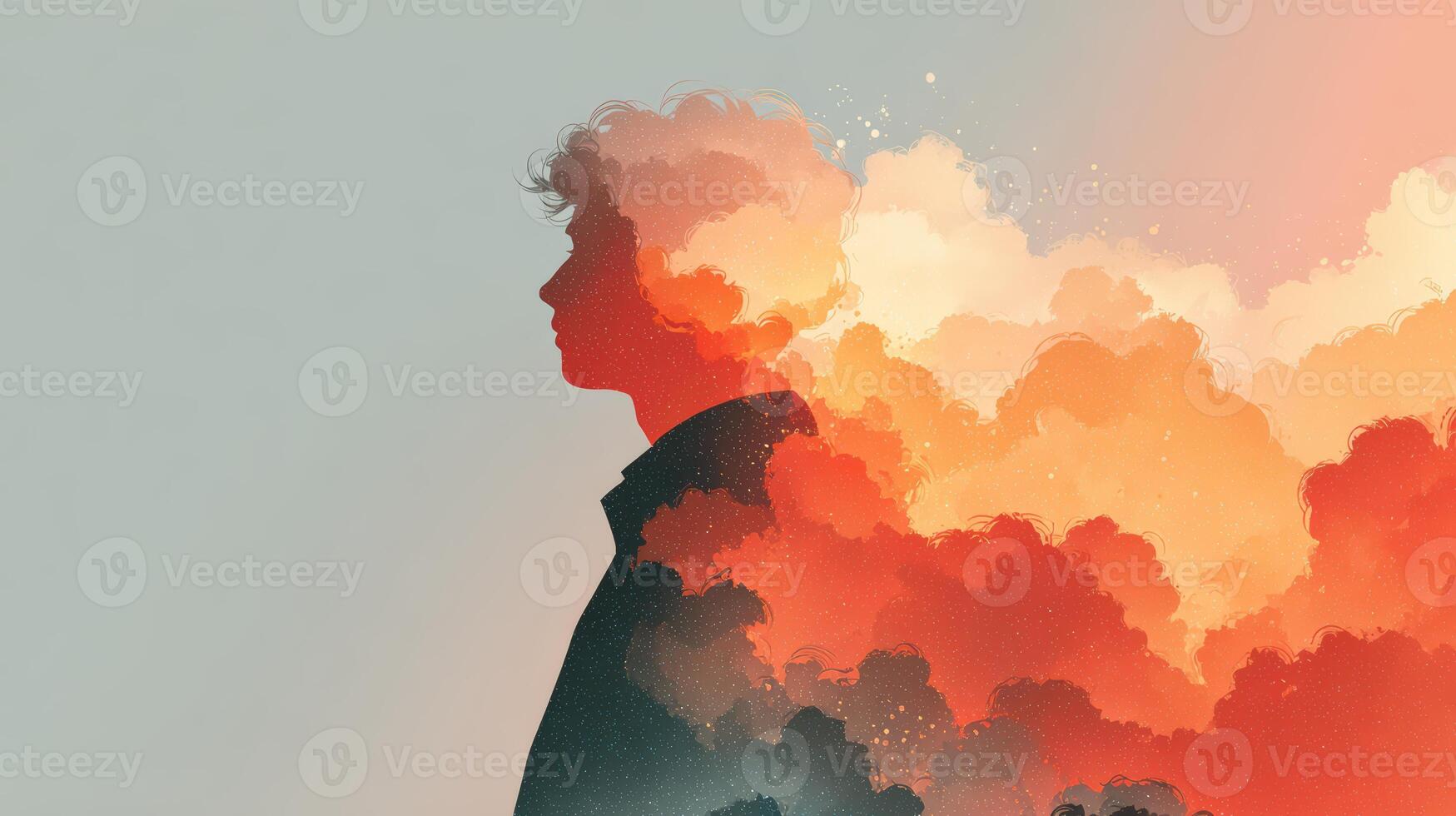 A man is standing in front of a cloud with a red and orange background photo