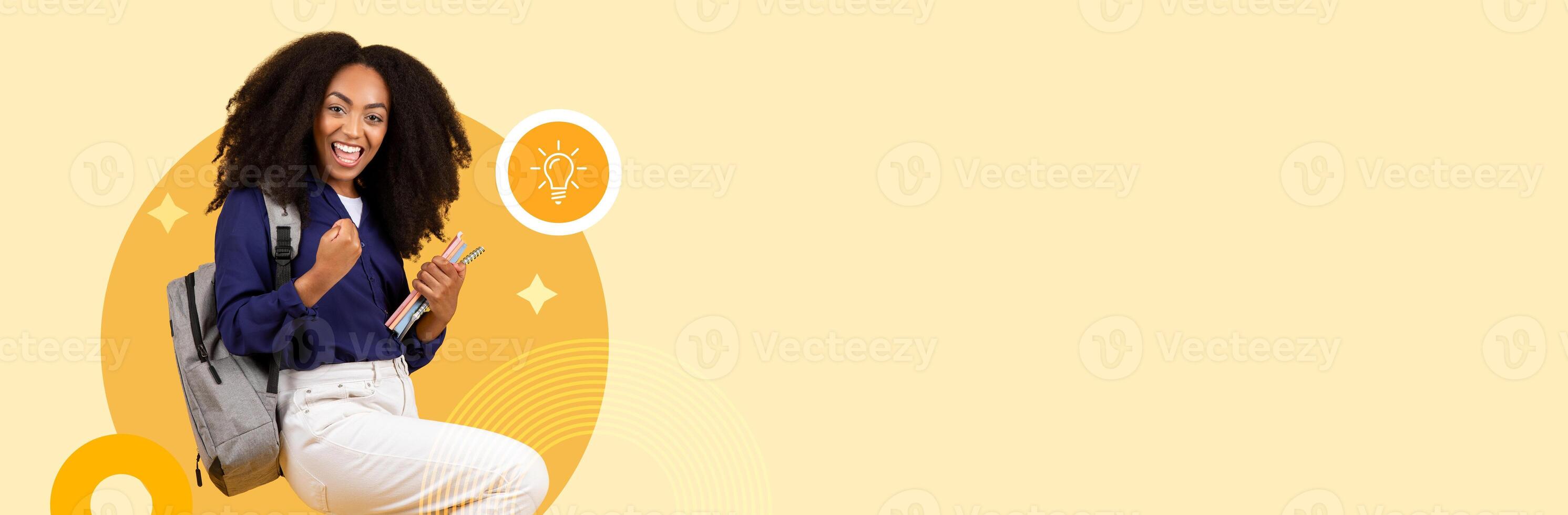 A student smiles broadly while holding books and a notebook, expressing excitement in a contemporary school setting. The background showcases a warm, inviting color with educational icons. photo