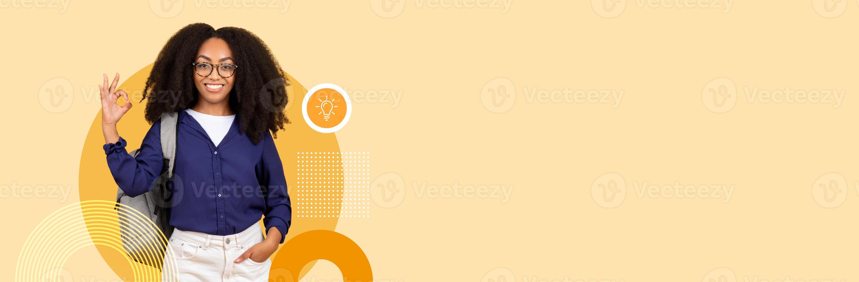 A student stands confidently with a backpack, expressing approval with a hand gesture. The background features a soft color palette, emphasizing a modern learning atmosphere. photo