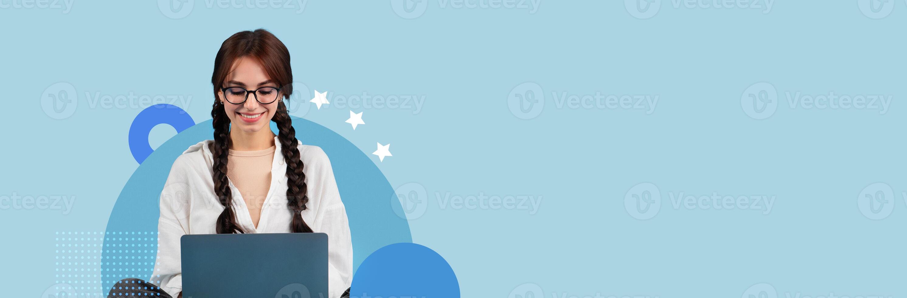 A student with braids smiles while working on a laptop, absorbed in her studies. The background features a soft, modern color palette, ideal for a contemporary learning environment. photo