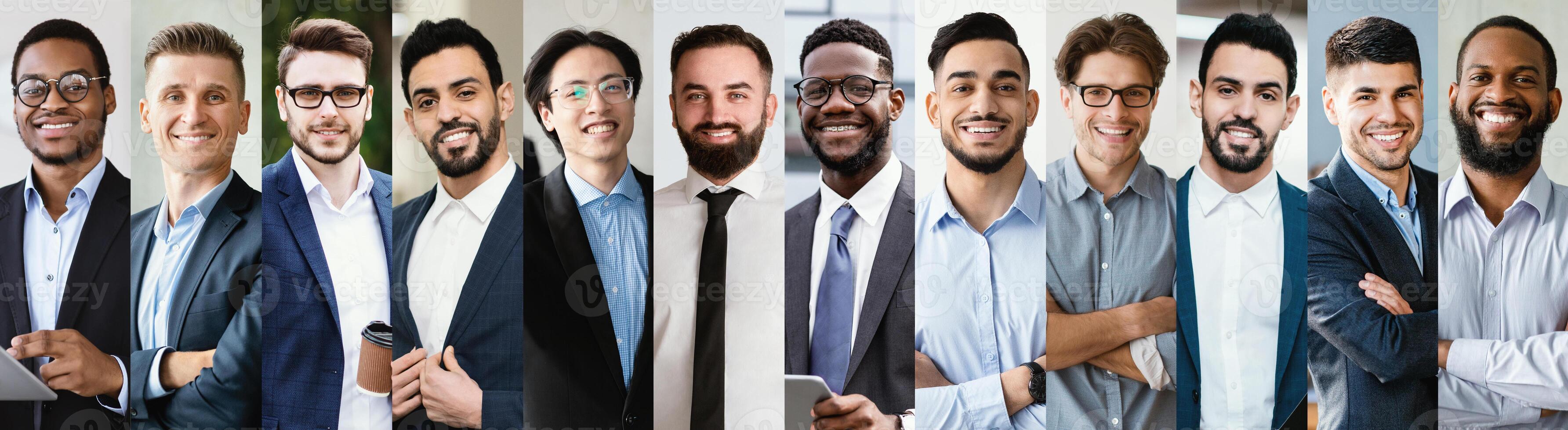 A diverse mix of business professionals, including Asian and Black individuals, stands together in a modern office setting, smiling confidently while engaged in discussion and networking activities. photo