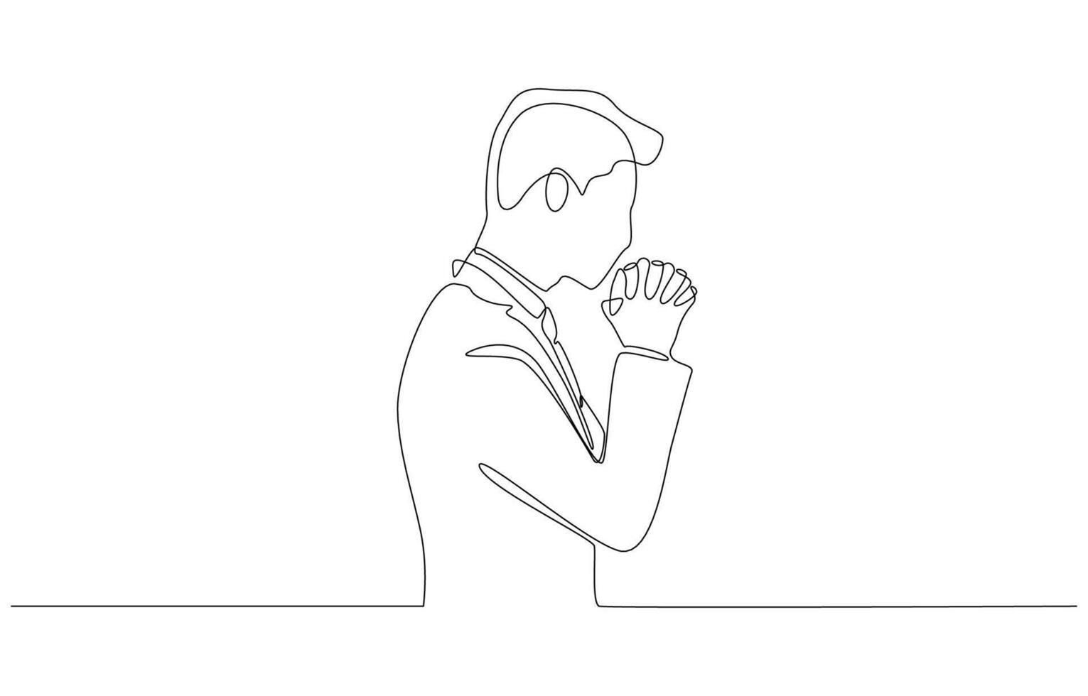 Continuous one line drawing of businessman with hands clasped together in deep thought, symbolizing faith, hope, reflection, and inner strength, single line art vector