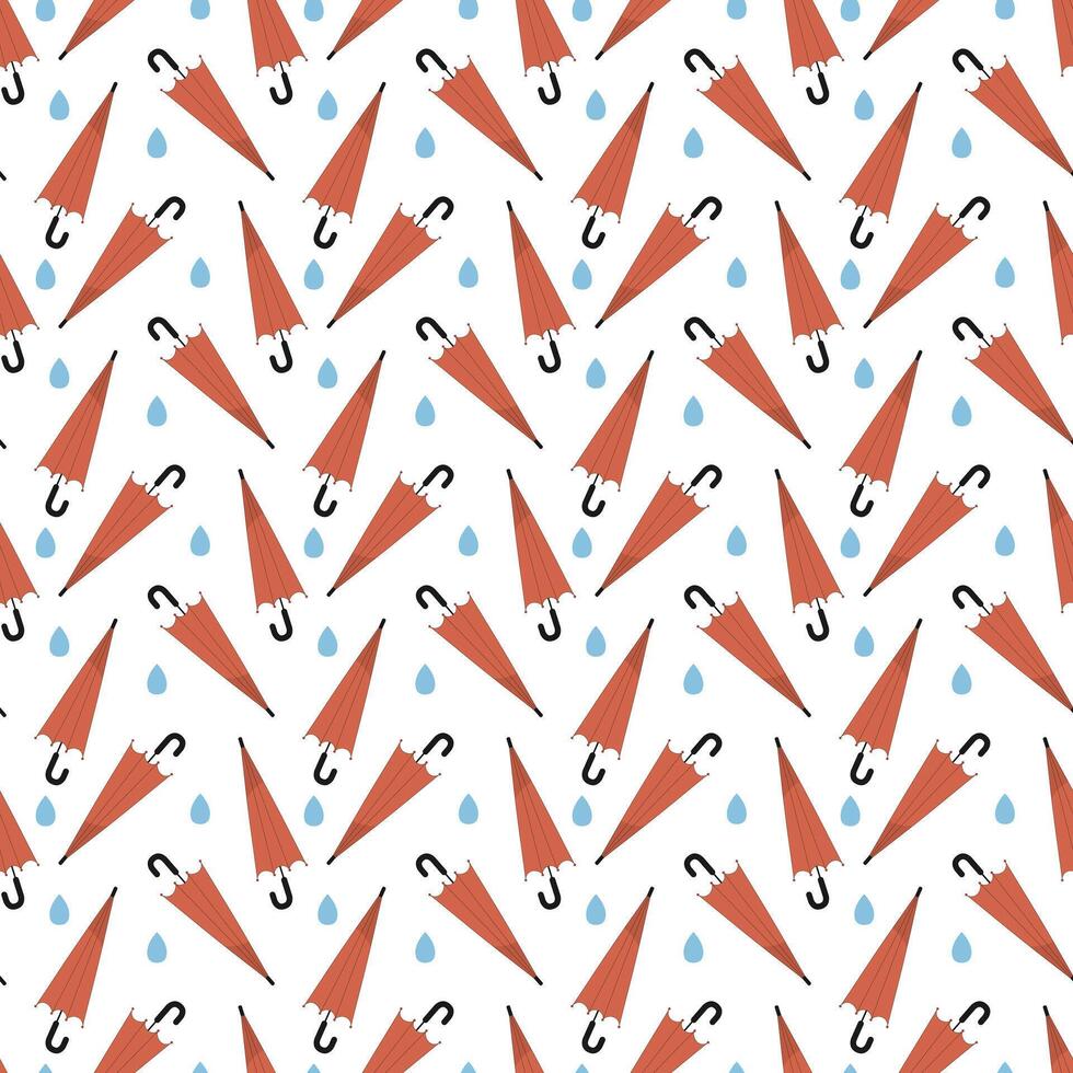 Seamless repeating autumn pattern with red umbrella and rain drops. background of rainy weather vector