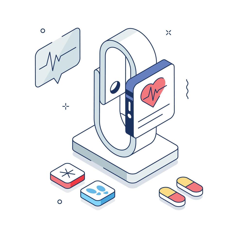 Isometric illustration of a digital health tracker analyzing biometric data and heart rate vector