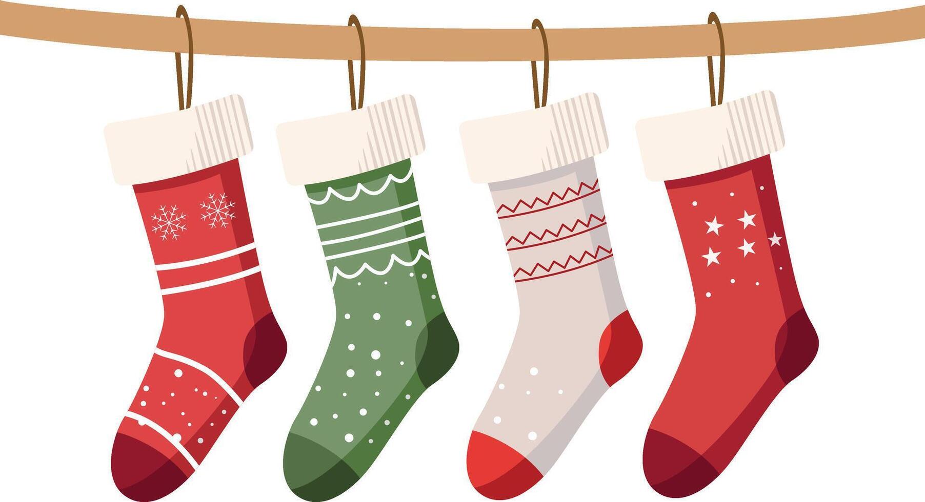 Four festive Christmas stockings hang from a brown rope, each with unique patterns and colors. vector