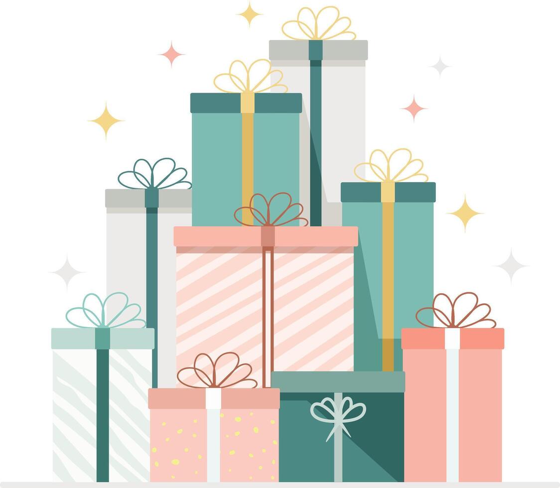 A stack of colorful gift boxes with ribbons and bows, arranged in a pyramid shape, with sparkling stars around them. vector