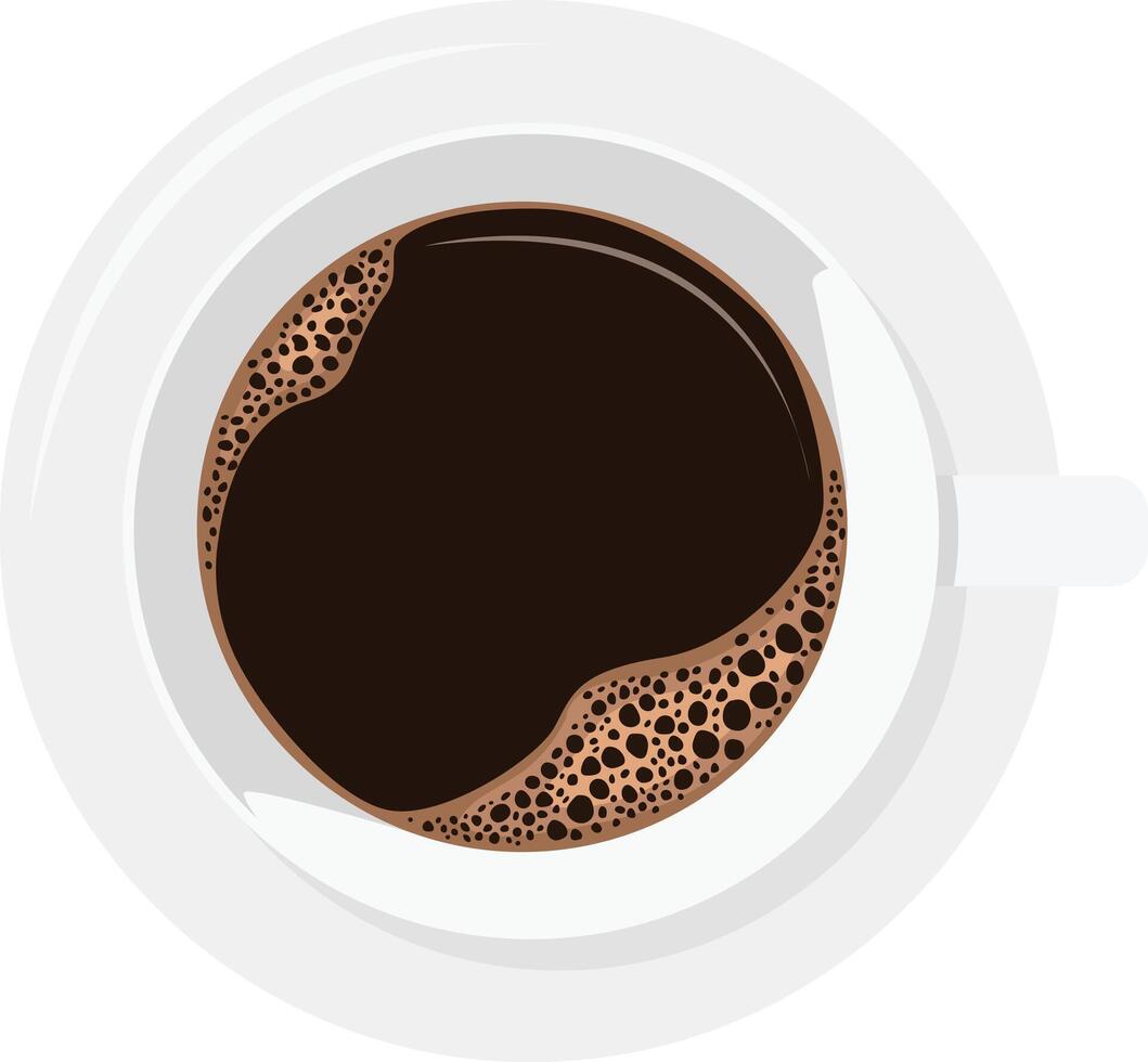 Overhead view of a cup of black coffee with foam, sitting in a white saucer. vector