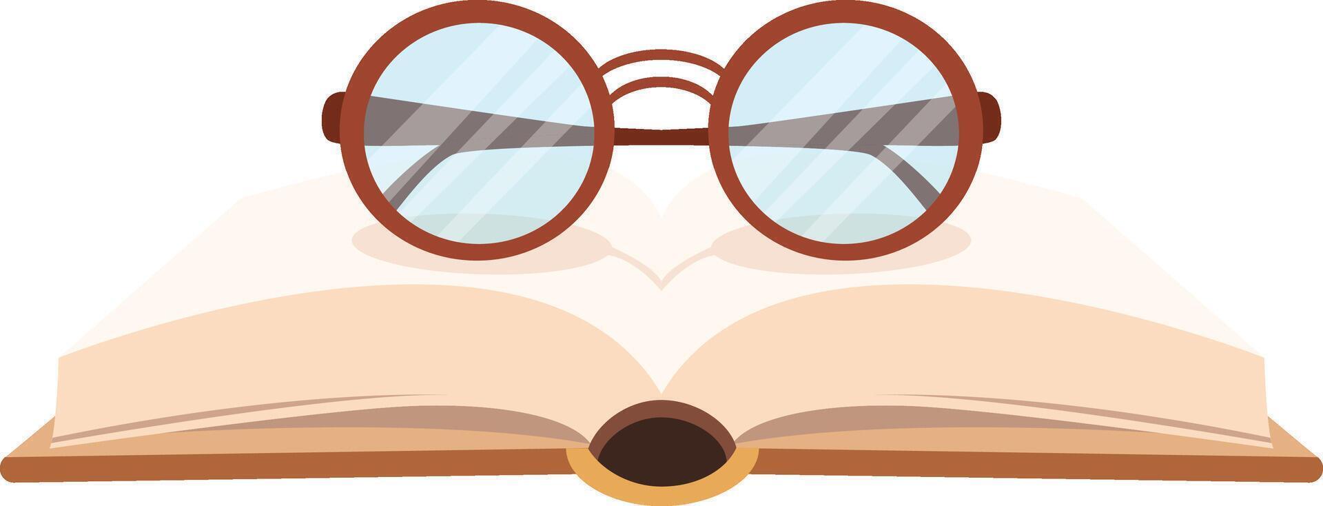 Cartoon illustration of round eyeglasses resting on an open book with blank pages. vector