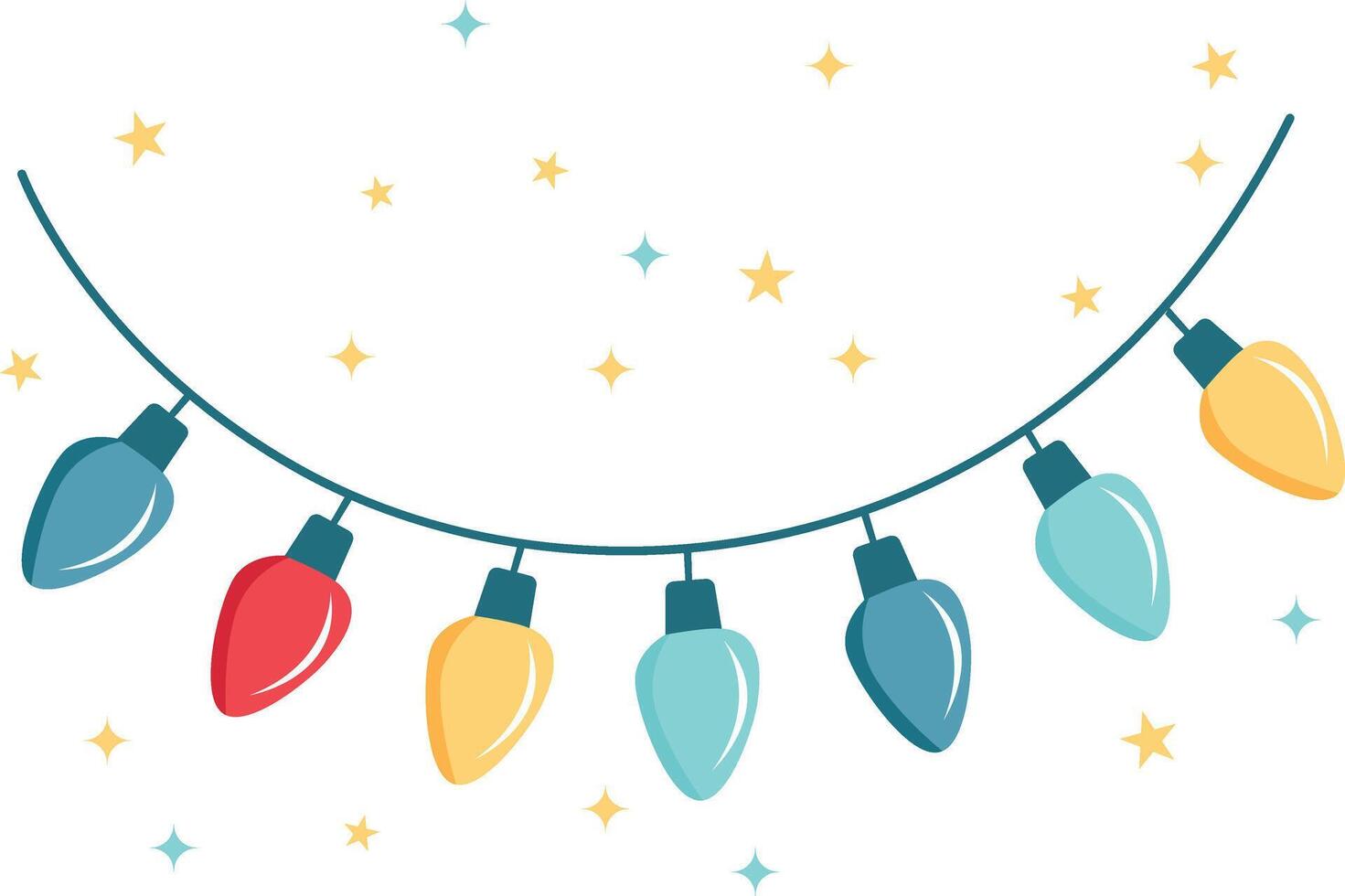 Five colorful Christmas ornaments, in red, green, and yellow, hang from thin gold strings against a white background. vector