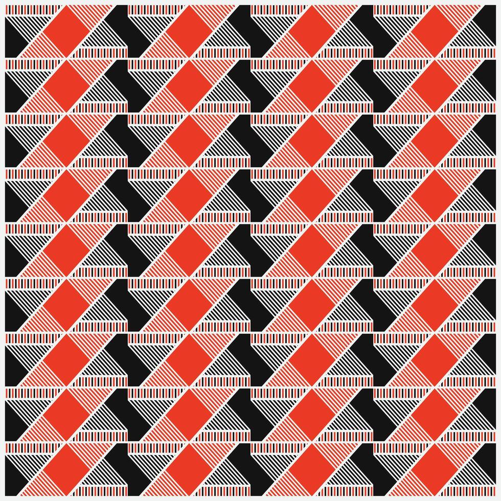 Geometric pattern featuring red diamonds, black triangles, and striped white elements, arranged in a repetitive grid design. vector