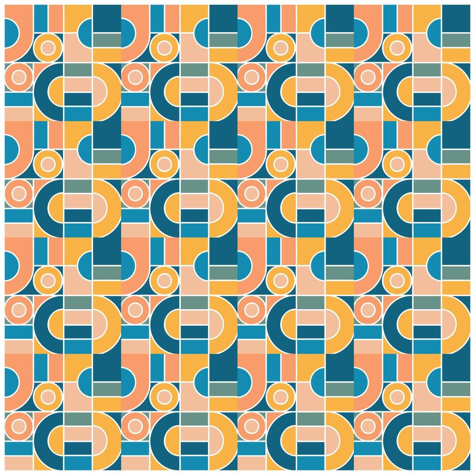 Modern geometric pattern featuring interlocking circles, rectangles, and squares in a retro color palette of teal, peach, and yellow, ideal for backgrounds, textiles, or graphic design projects. vector