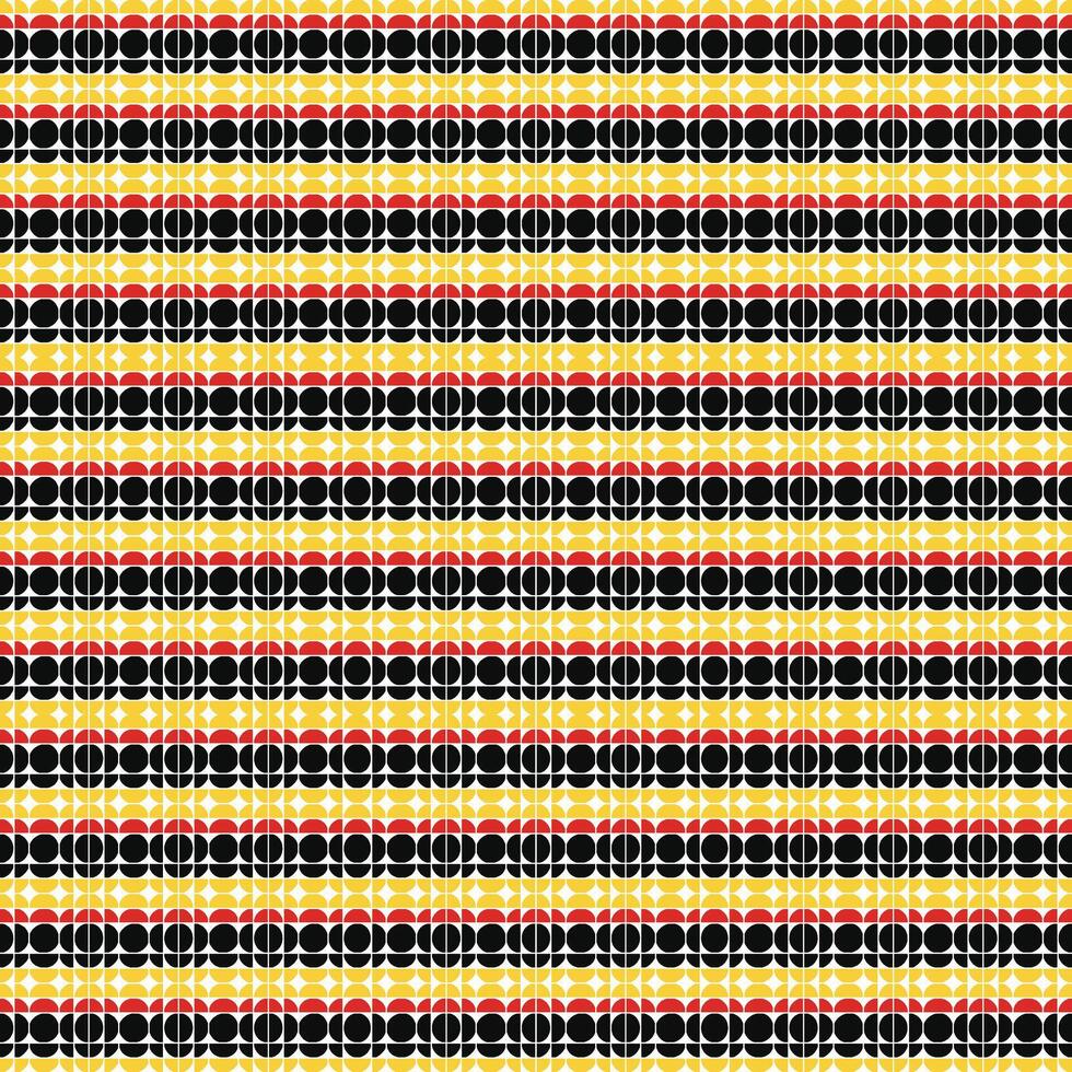 Abstract geometric pattern with colorful semicircles in a retro style. Features a seamless repeat design in black, yellow, and red, creating a vibrant and eye catching texture. vector