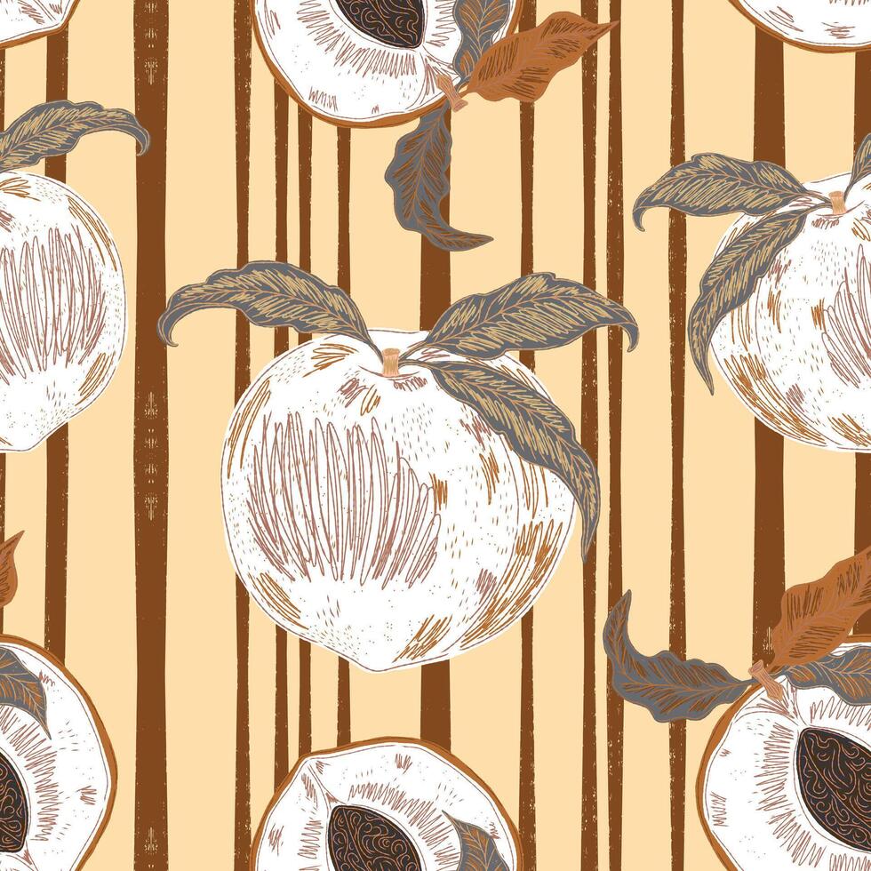 a pattern with apples and leaves on a striped background vector