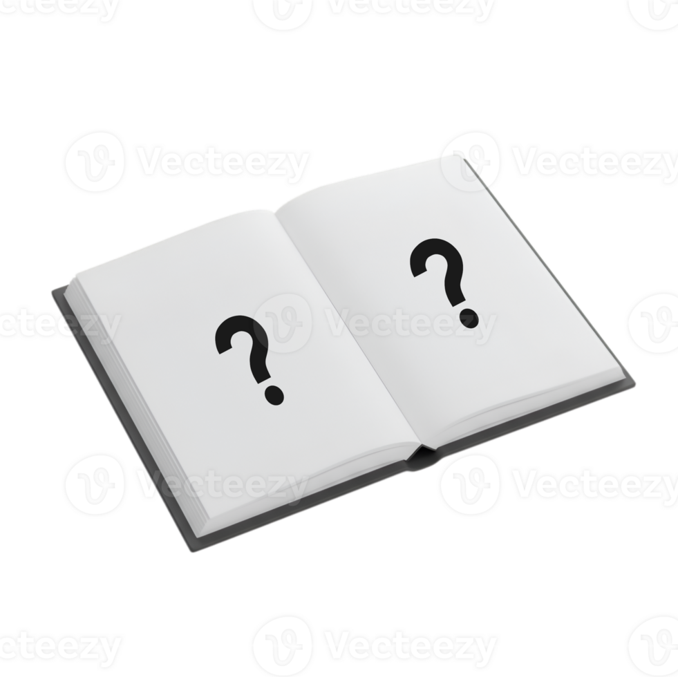 öffnen Buch mit leer Seiten mit prominent Frage Markierungen vorschlagen Unsicherheit oder Anfrage png