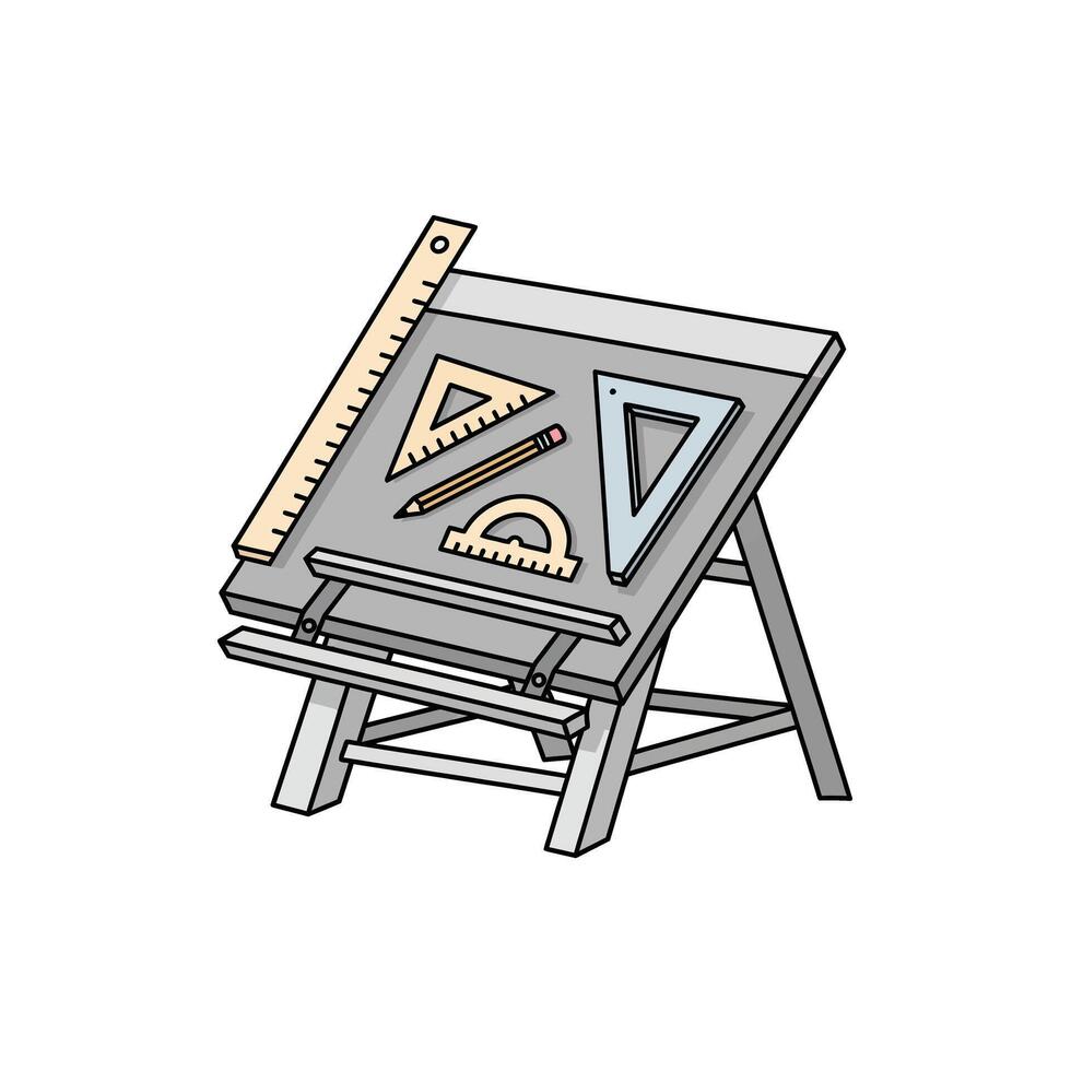 Architectural drawing table with ruler, triangle, and pencil drafting equipment tools vector