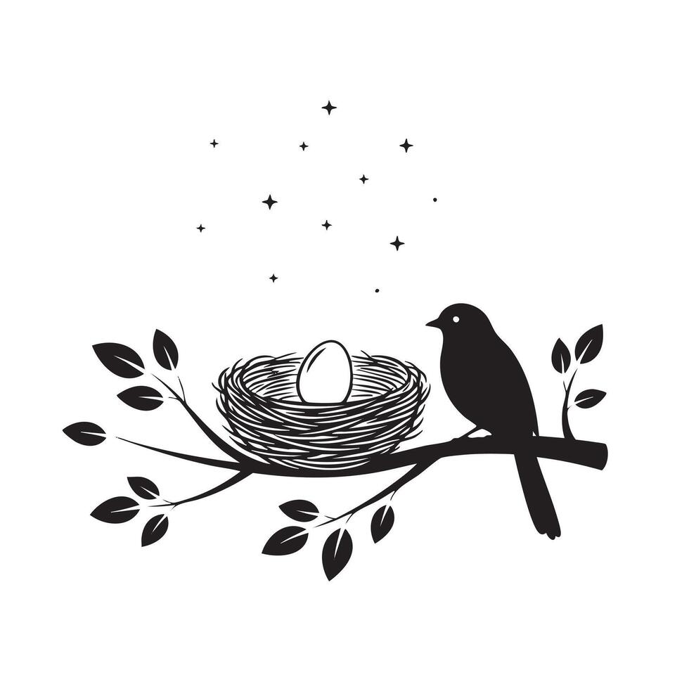 Black silhouette of a bird on a branch with a nest and egg under starry sky tree vector