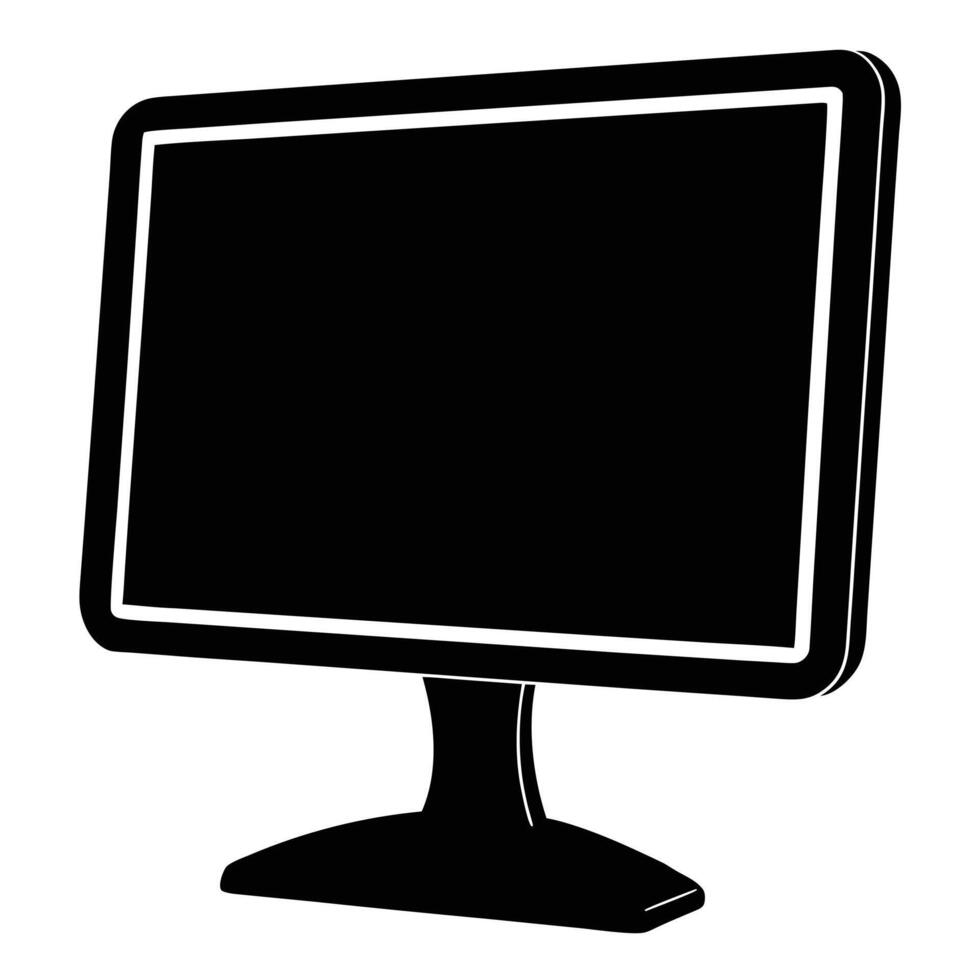 Black silhouette of a desktop computer monitor with a white outline on a white background screen vector
