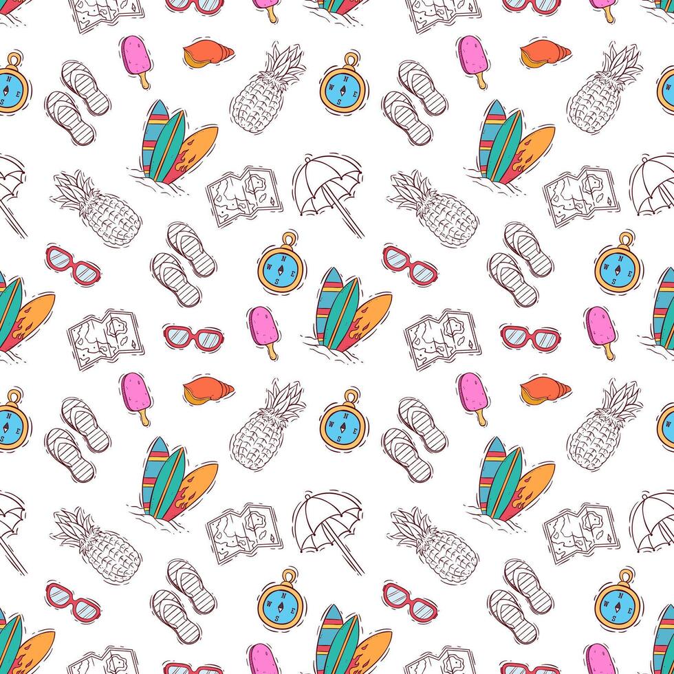 Seamless Pattern of Summer Elements with Surfboard, Pineapple, Beach Umbrella, and Ice Cream vector