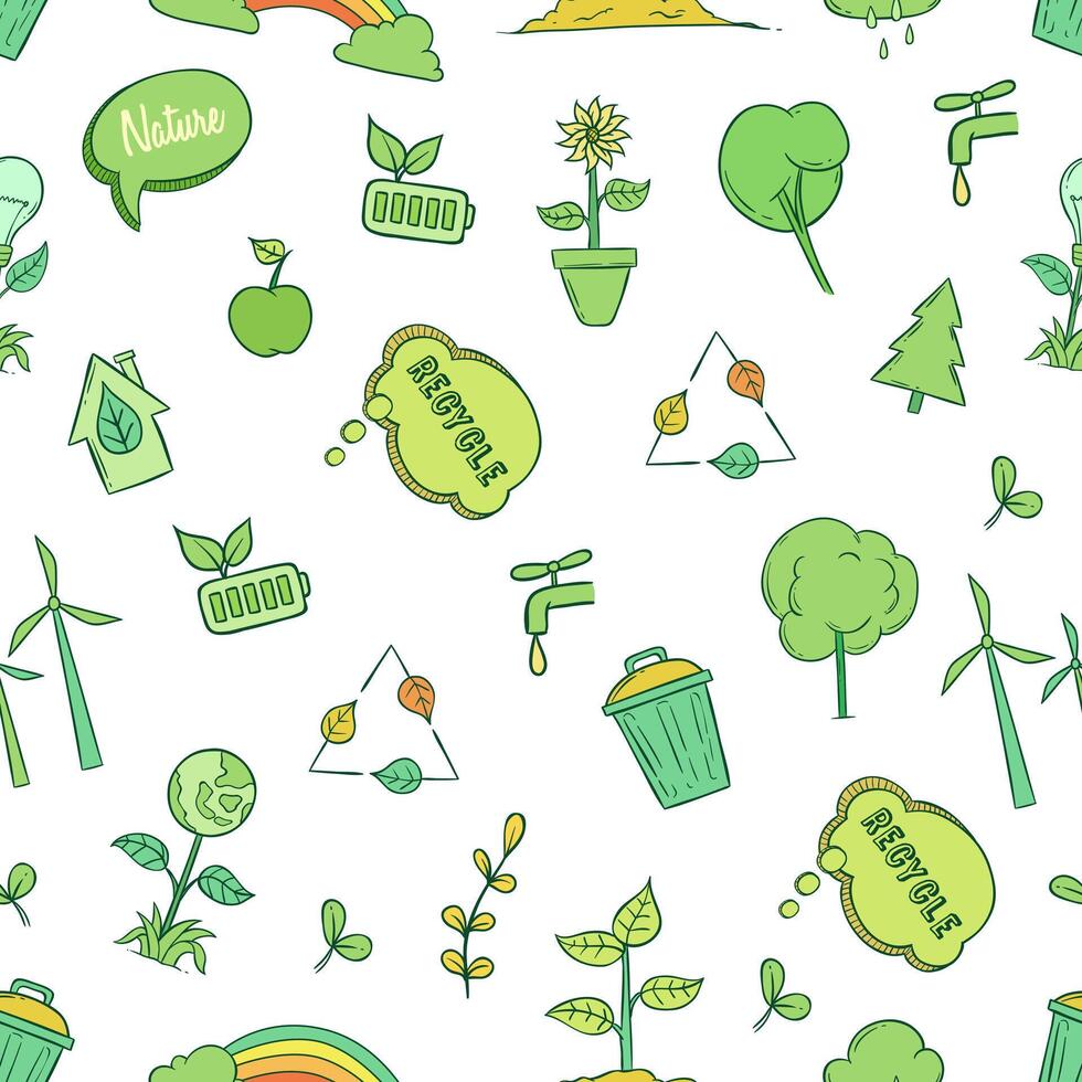 Seamless Pattern of Go Green Icons with Trash Bin, Leaves, Tree, and Battery vector